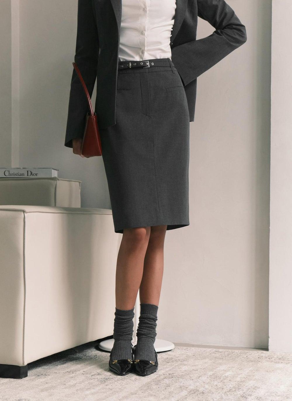 Grey Knee-Length Pencil Skirt with Belt Detail - Image 1