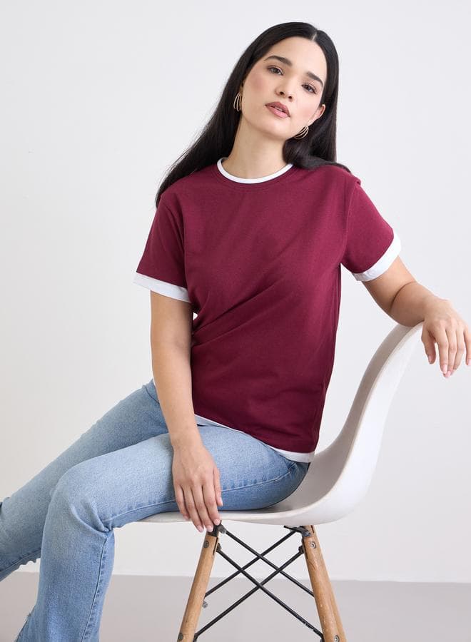 Styli Burgundy Cotton Ringer T-Shirt Classic Fit - Image 1