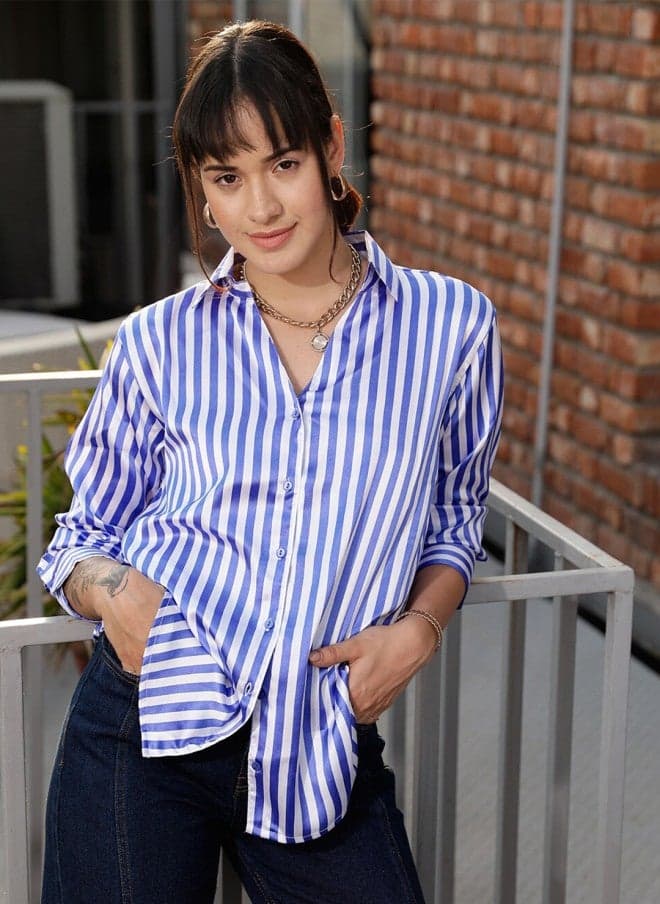 Blue & White Striped Women's Casual Shirt - Image 1