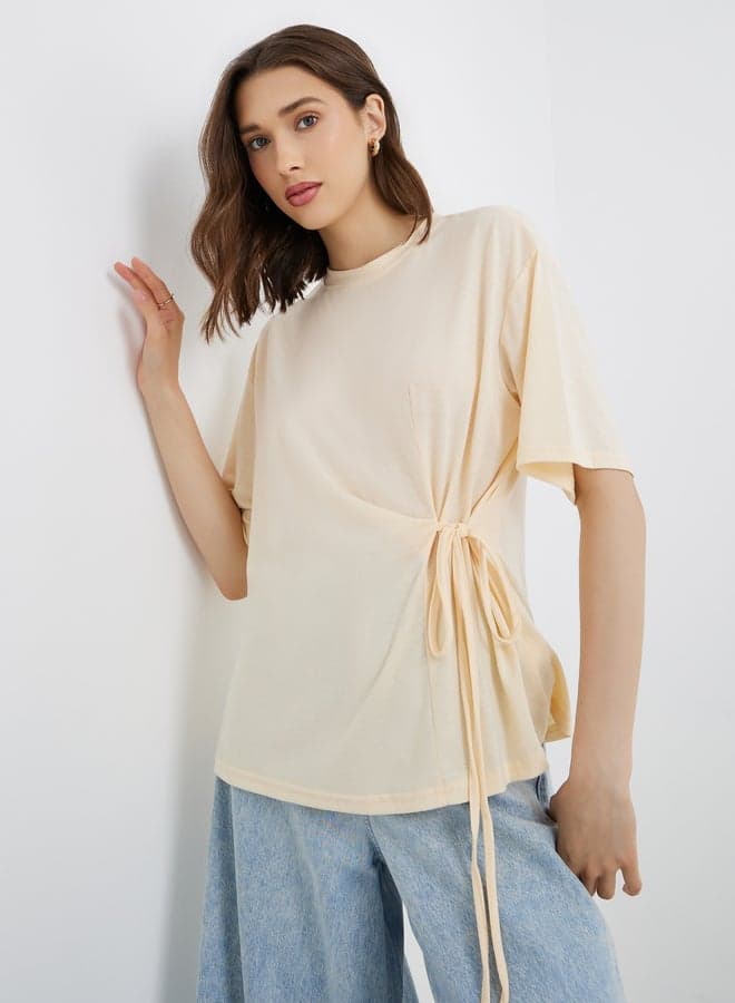 Beige Tie-Up Wrap Top Round Neck Classic Fit - Image 1