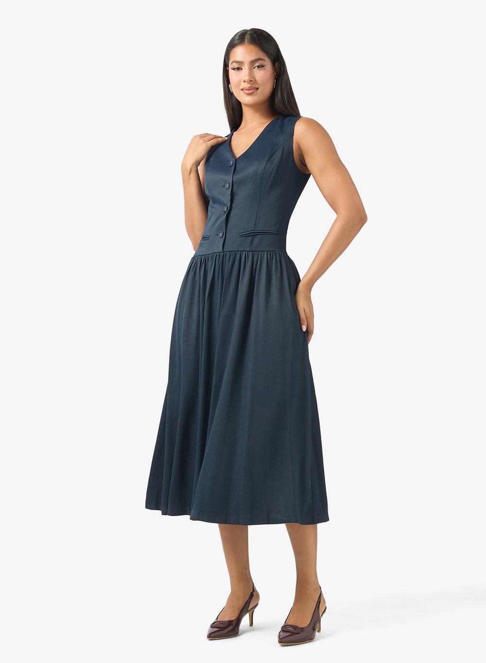 Dark Blue V-Neck Mock Vest Midi Dress Pg2506058 - Image 1