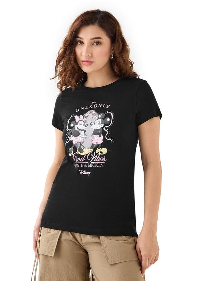 Mickey & Minnie Mouse Print Black Cotton Blend T-Shirt - Image 1