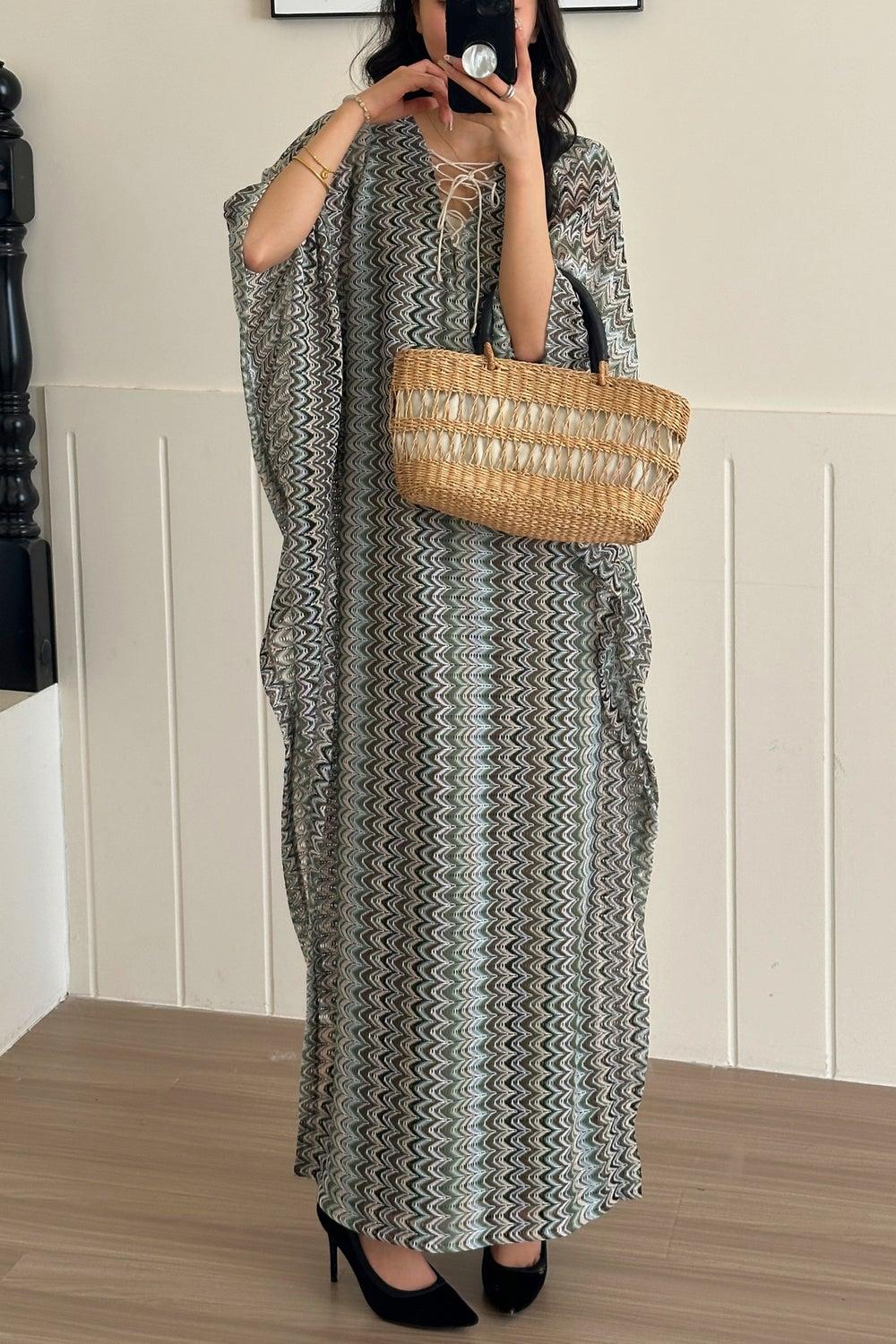 Abstract Crochet Kaftan Dress V-Neck Spandex Blend - Image 1