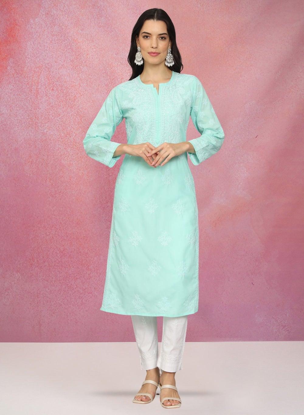Seagreen Chikankari Cotton Kurta AL4043 Classic Elegance - Image 1