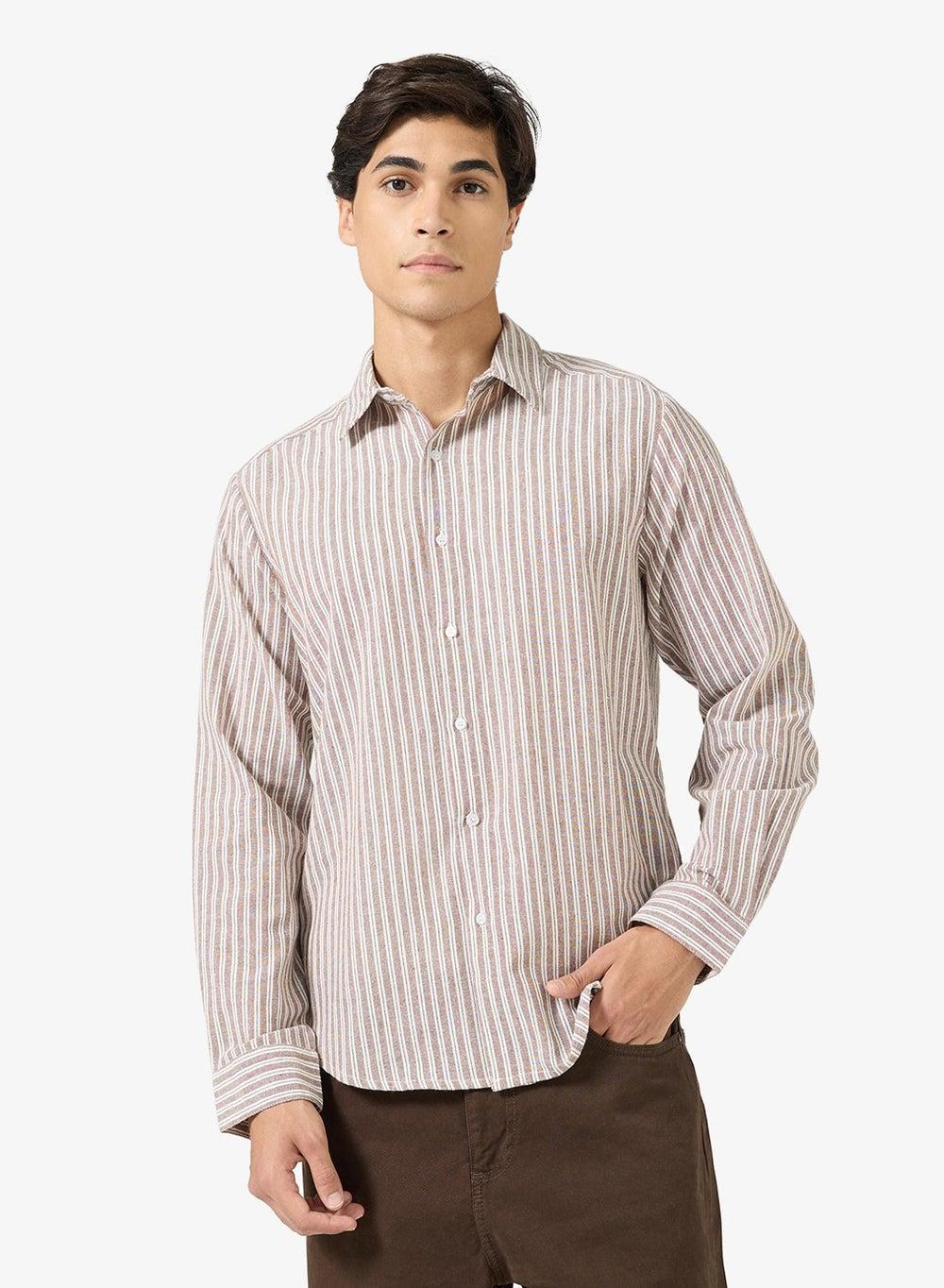Cream Striped Regular Fit Classic Shirt Zopst4Oo56 - Image 1
