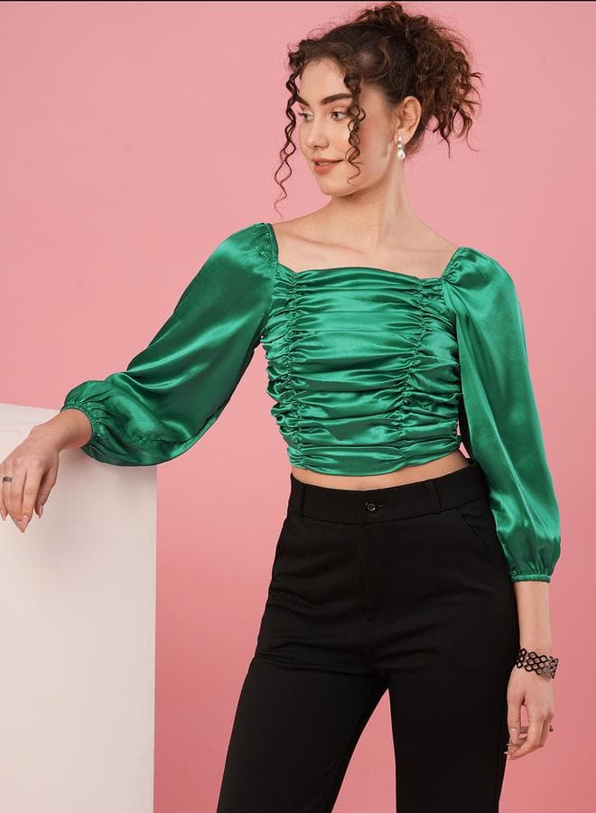 Green Satin Ruched Puff Sleeve Crop Top - Image 1