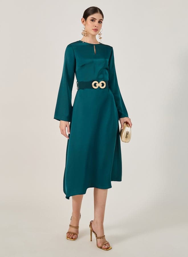 Teal Satin A-Line Midi Dress 7012110934 - Image 1