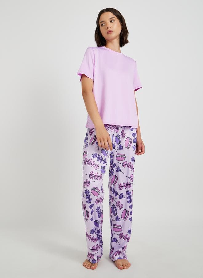 Purple Printed Round Neck Pyjama Set - Image 1