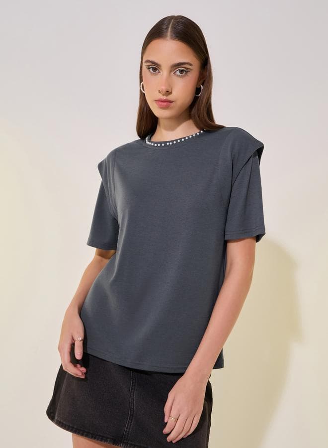 Grey Faux Pearl Round-Neck T-Shirt 7012211314 - Image 1