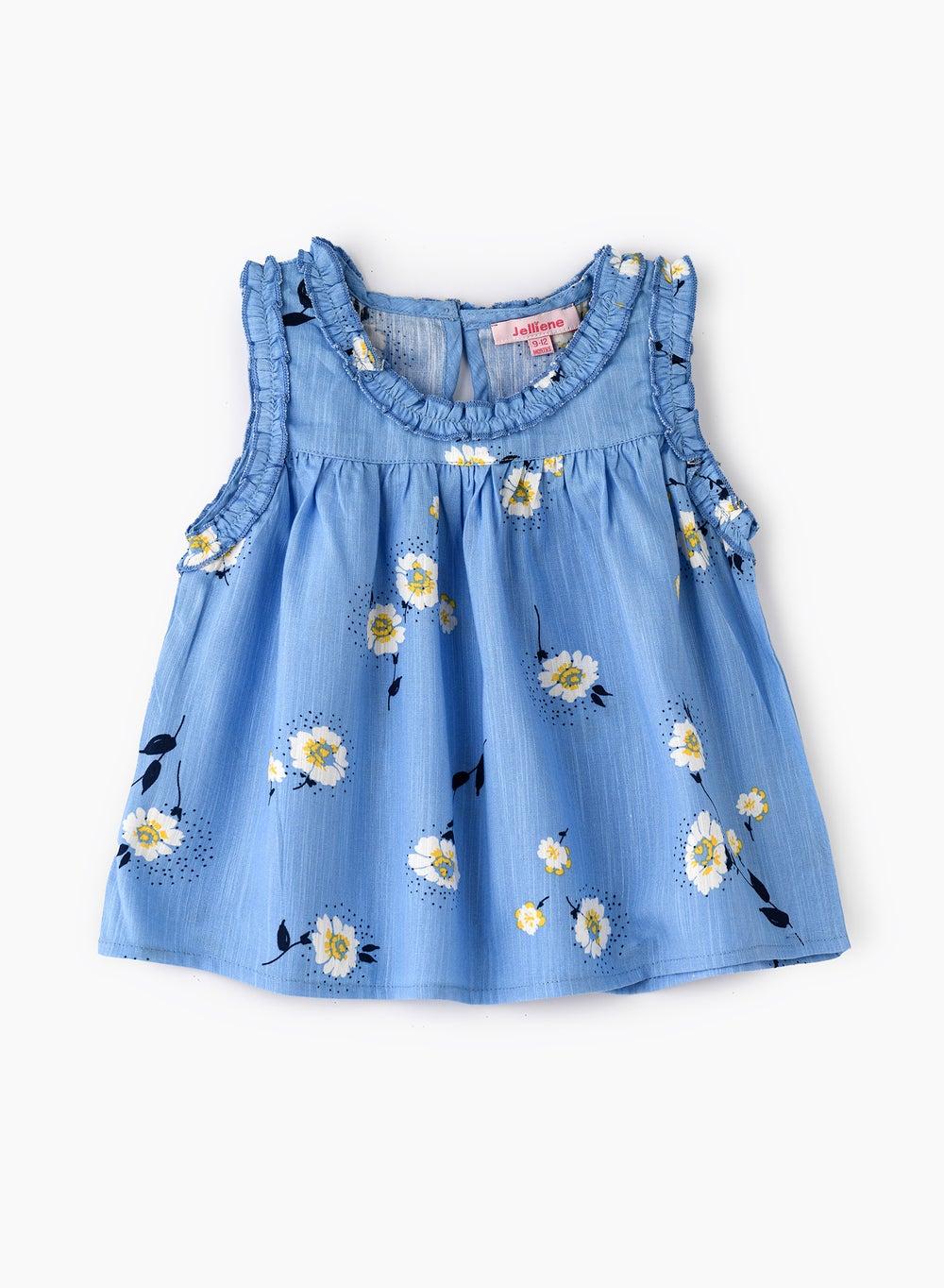 Girls' Blue Floral Ruffled Sleeveless Viscose Top Xfeing250 - Image 1