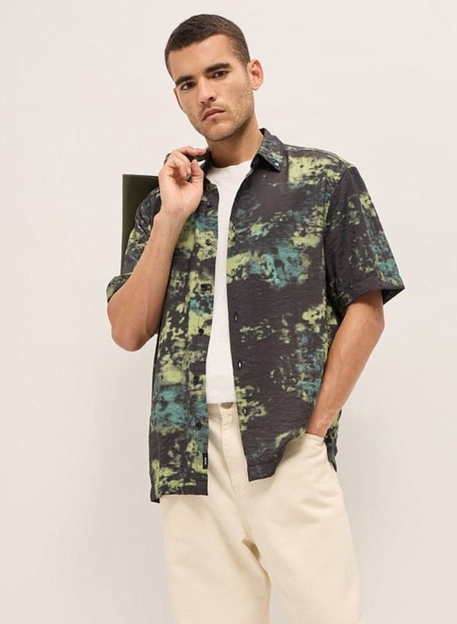 Men’s Green Abstract Button-Down Shirt – Versatile Nylon Blend - Image 1