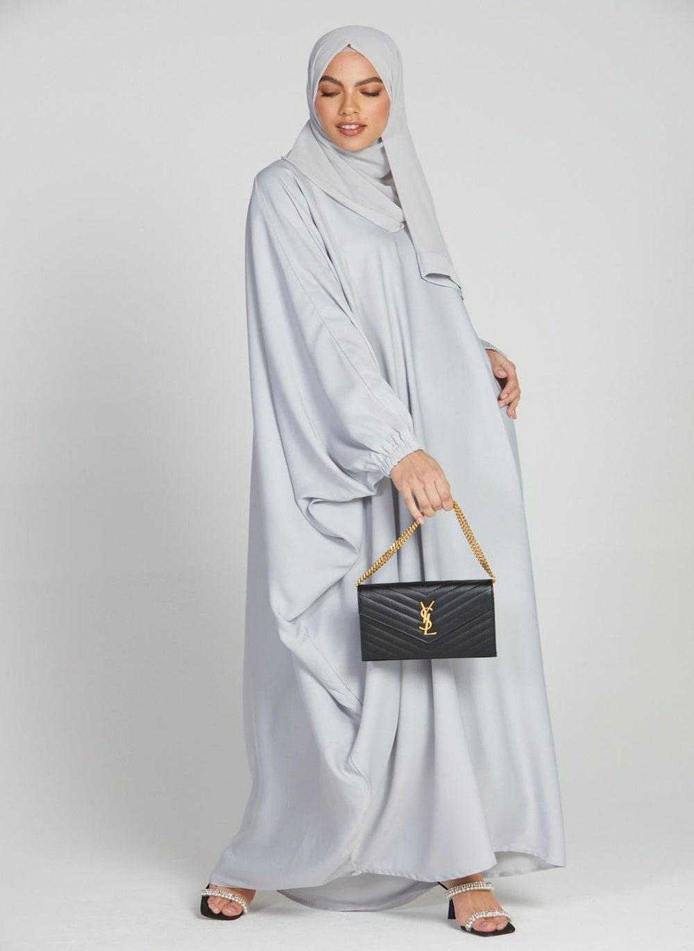 Silver Classic Abaya Set with Belt & Hijab AB44 - Image 1