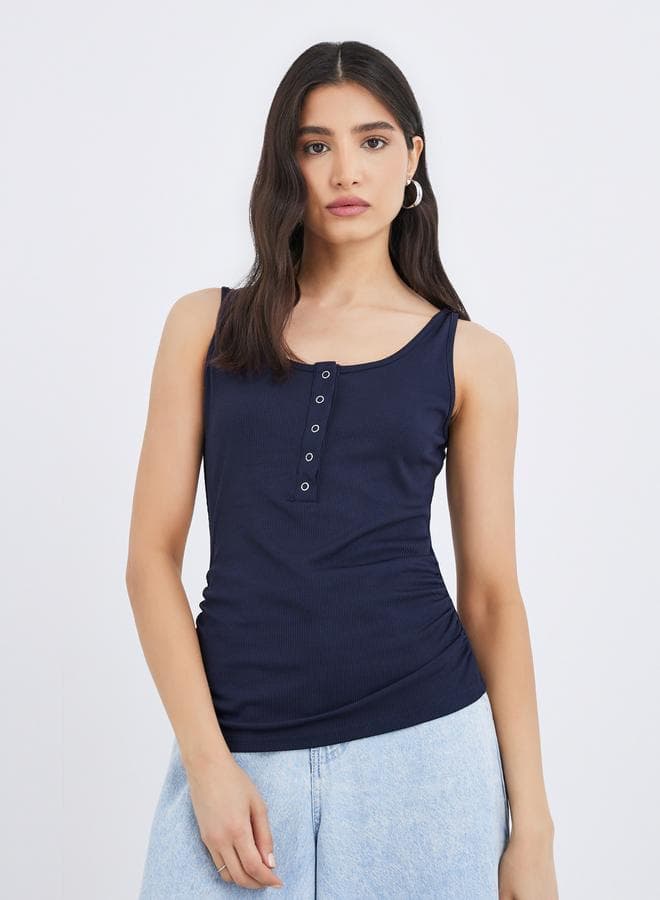 Navy Solid Round Neck Buttoned Sleeveless Top - Image 1