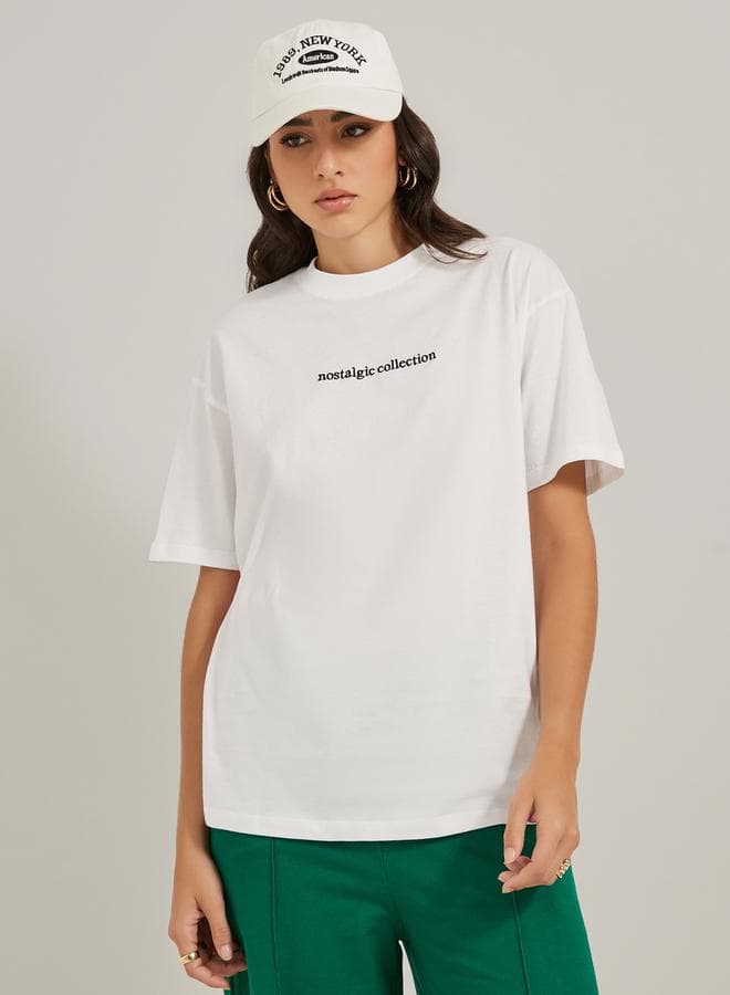 Embroidered Slogan Oversized Crew Neck T-Shirt 7011598636 - Image 1