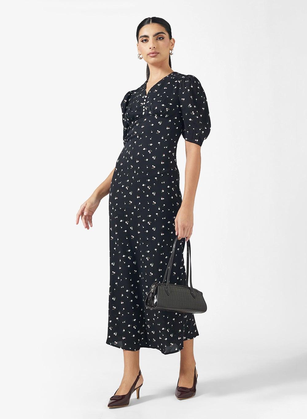 Lyq1095 Black Polka Floral Midi Dress - Image 1