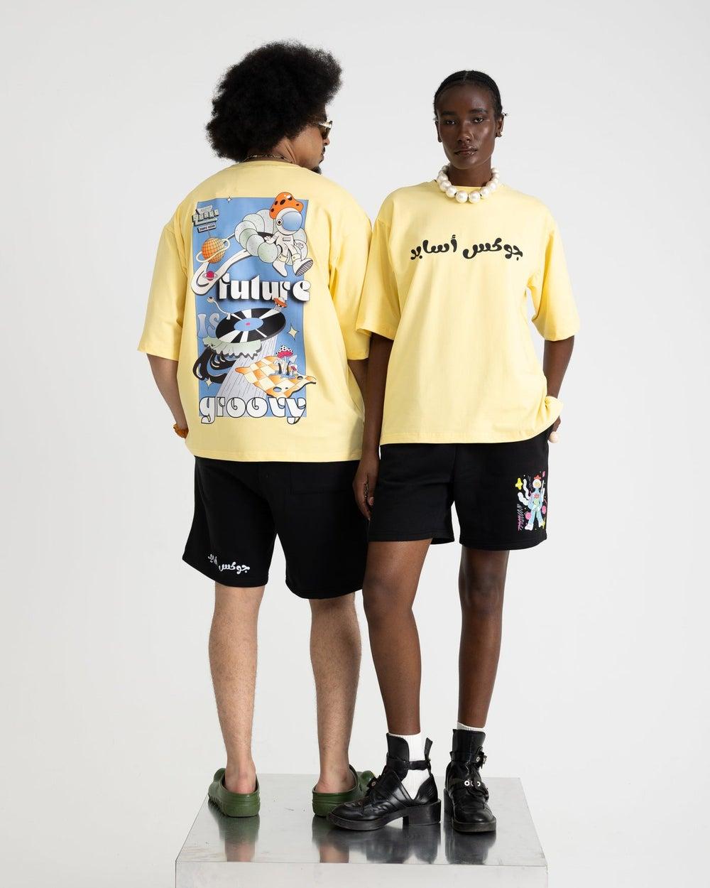 Cosmic Groove Yellow Oversized Boxy T-Shirt - Image 1