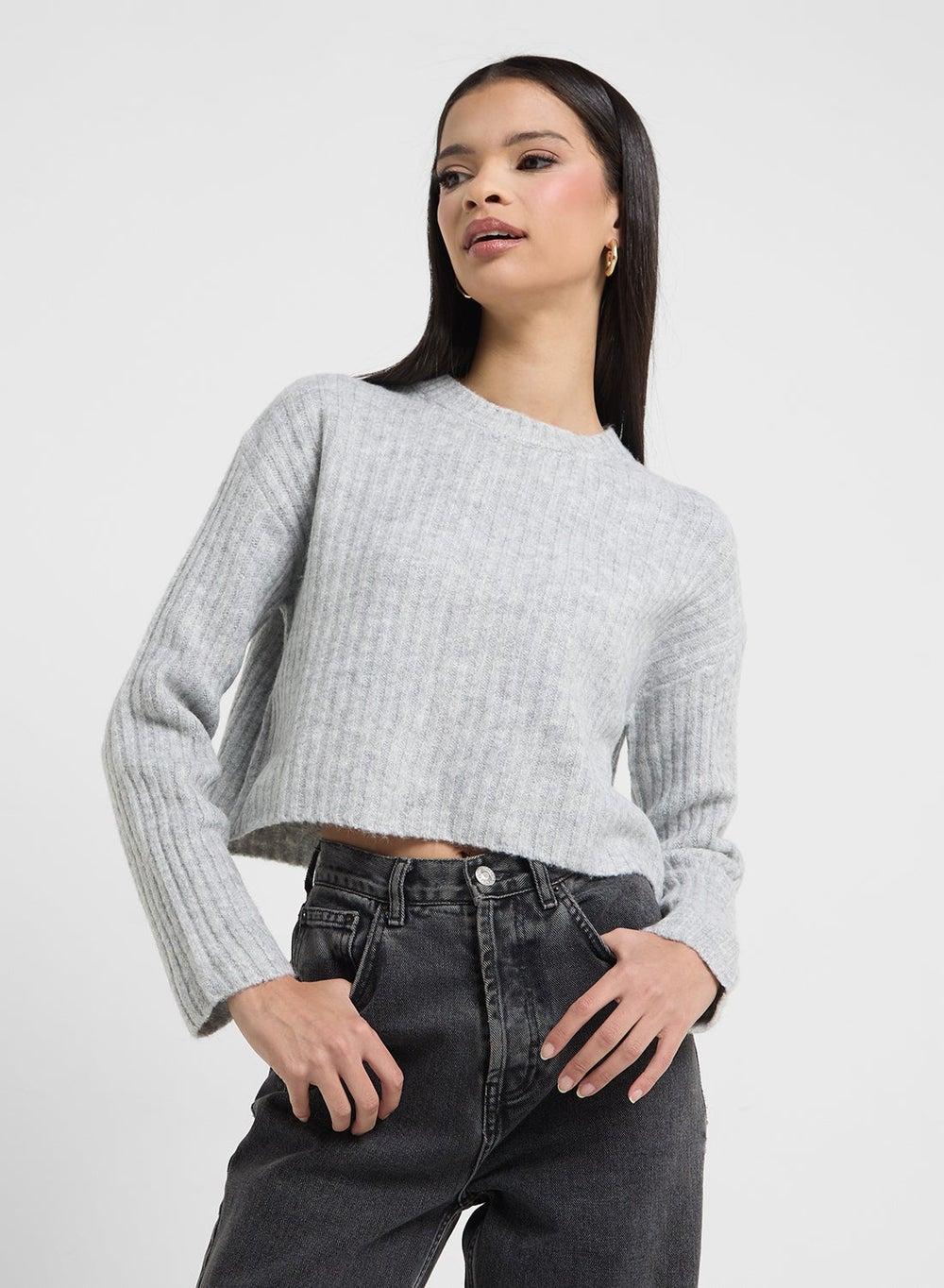 Heather Grey Cable Knit Crew Neck Sweater - Image 1