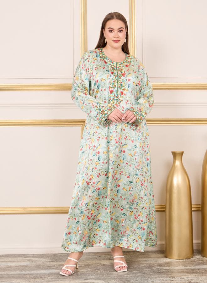 Plus Satin Floral Embbroidered Jalabiya Maxi 7007697720Multi - Image 1