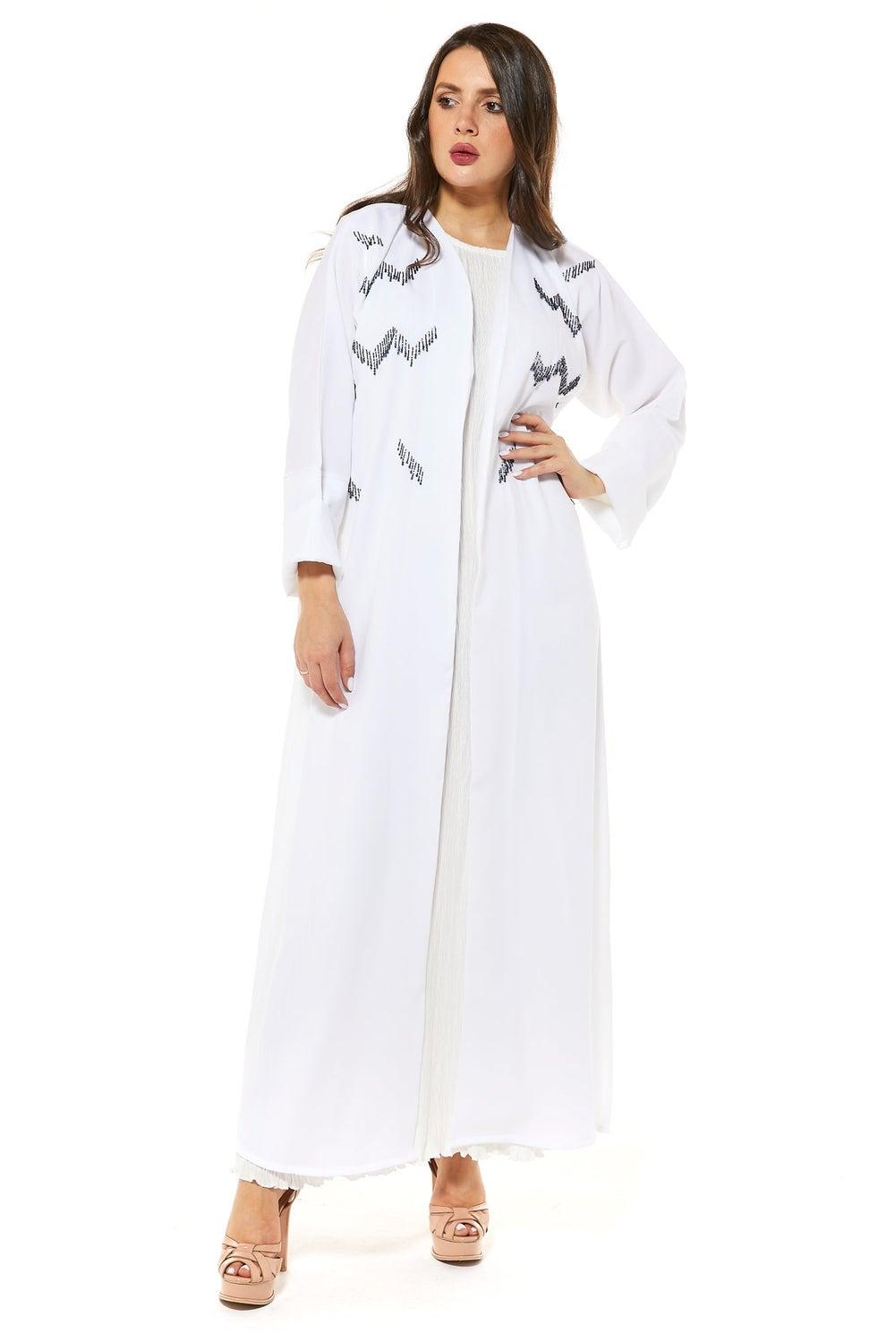 White Embellished Open Front Abaya - Image 1