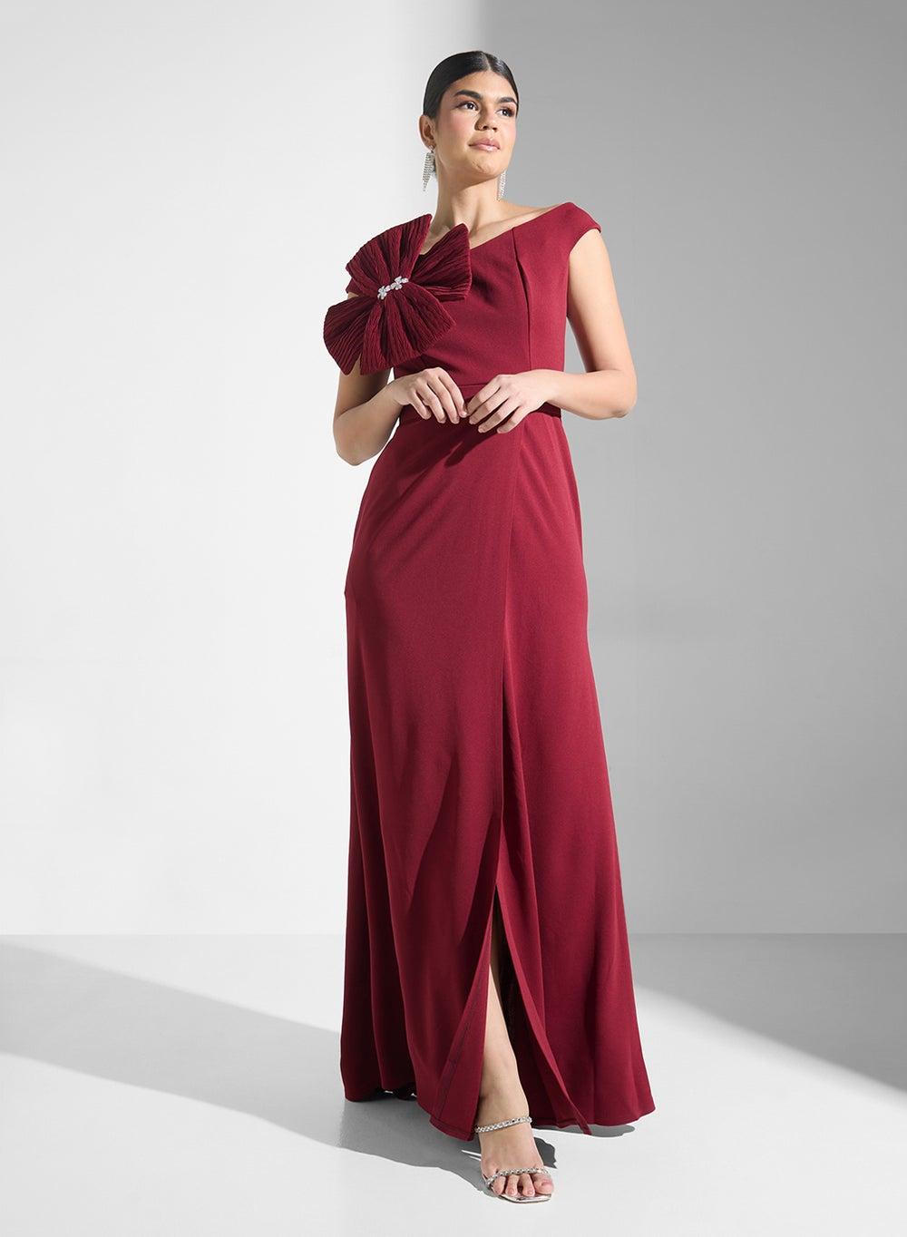Floral Embellished Burgundy Gown Rb24 11 26 - Image 1