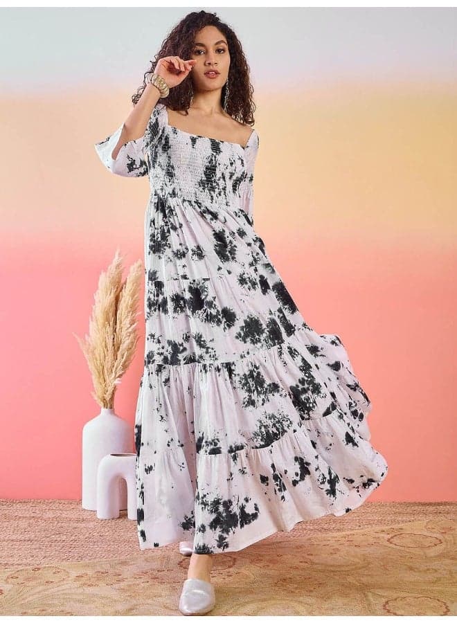 Tie-Dyed Off-Shoulder Cotton Maxi Dress in Black White - Image 1