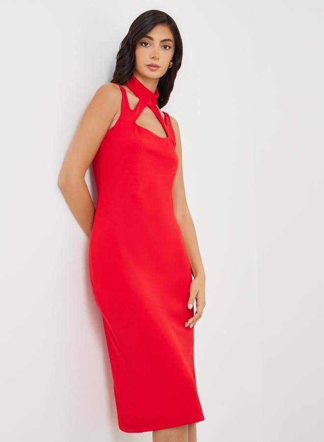 Red Halter Neck Strappy Bodycon Midi Dress - Image 1