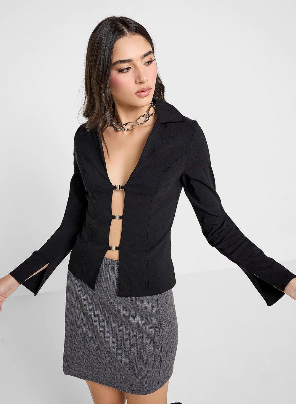 Black Plunge Neck Fitted Shirt 103 18 - Image 1