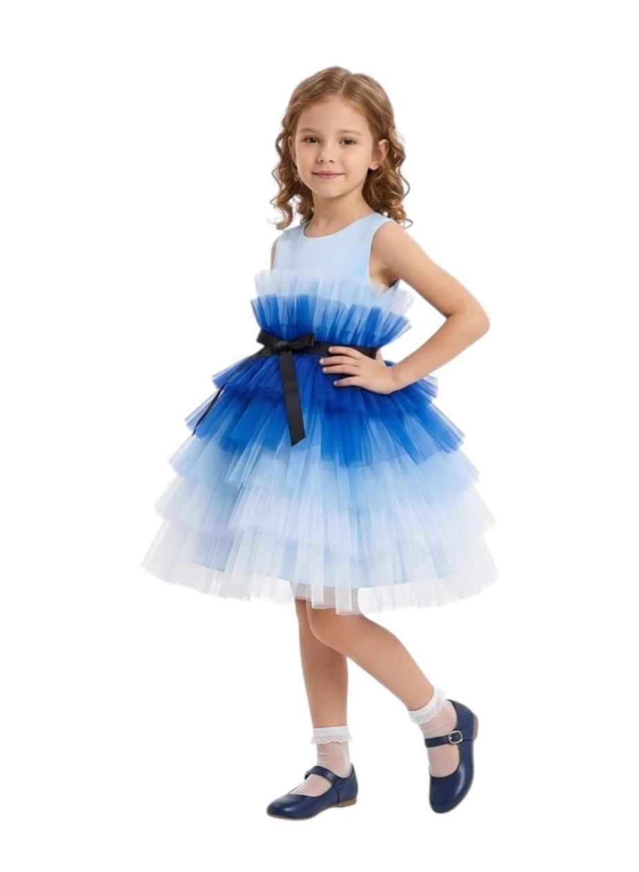 Blue Gradient Tiered Tulle Midi Dress with Bow - Image 1