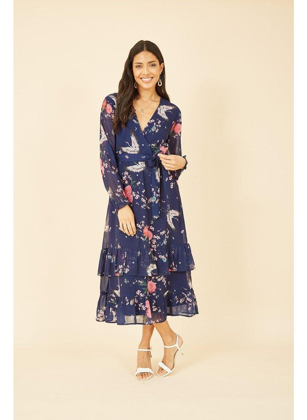 Navy Floral Bird Print Chiffon Wrap Midi Dress - Image 1