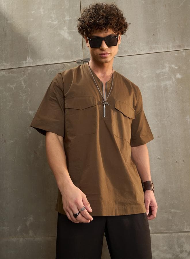 Brown Poplin V-Neck Relaxed Fit Zipper Shirt - Image 1