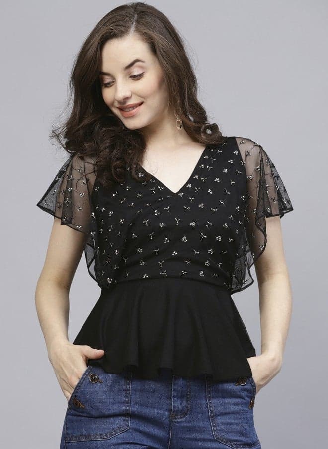 Black Sequined Peplum Top with V-Neck Detail - Image 1