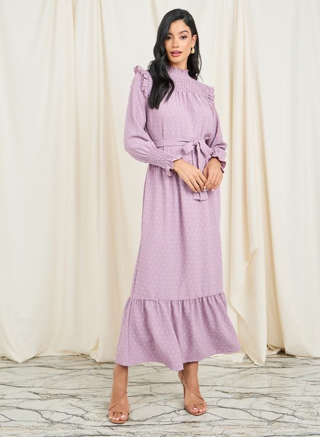 Styli Lilac Dobby Smocked Ruffle A-Line Maxi Dress - Image 1