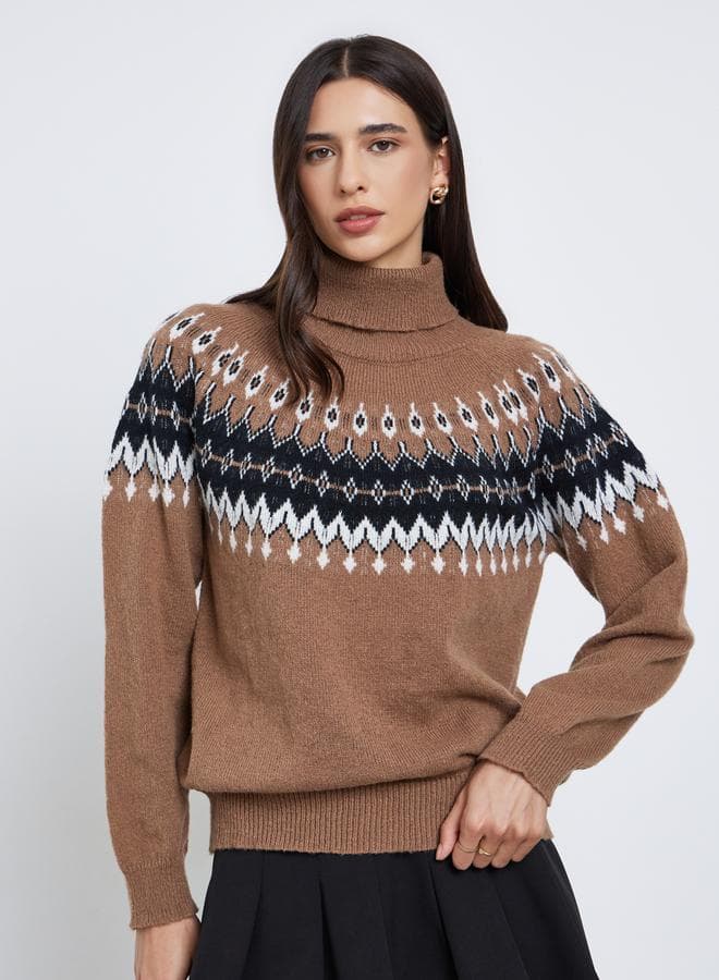 Beige Fair Isle Turtle Neck Sweater Classic Fit - Image 1