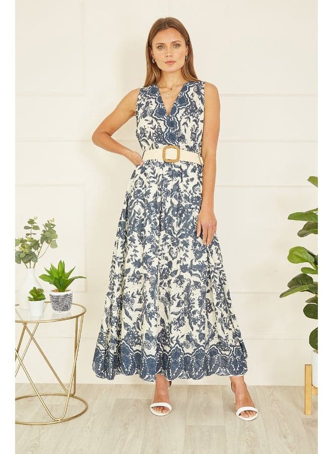 Italian Floral Maxi Dress V-Neck A-Line Cotton - Image 1