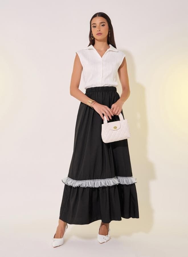 Black A-Line Maxi Skirt with Lace Ruffle Hem - Image 1