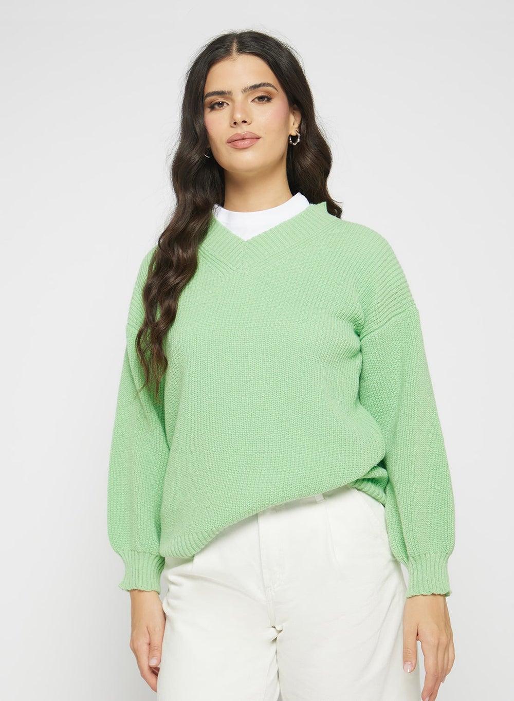 Green V-Neck Ribbed Jumper Y250520005 - Image 1