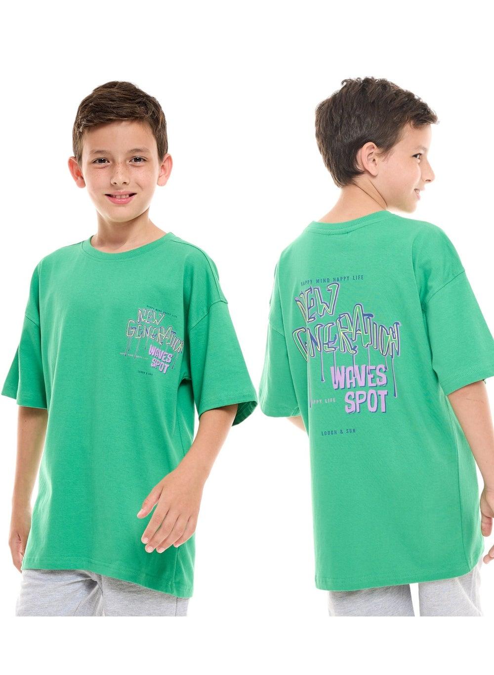 Victor and Jane Boys Oversized Green Graphic T-Shirt - Image 1
