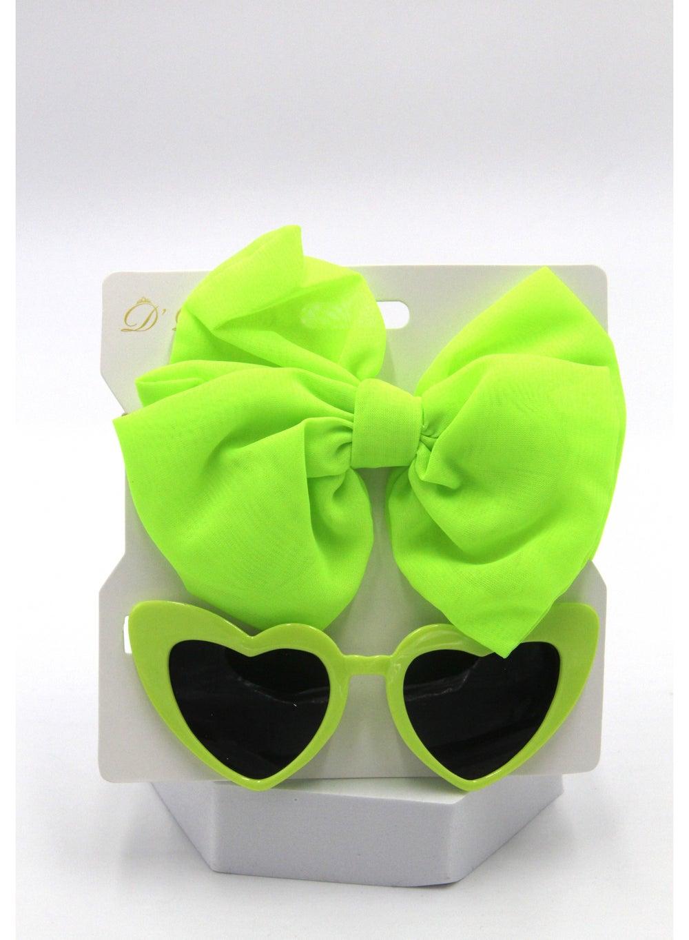 Athena Heart Frame Glasses & Bow Ponytail Set Neon Green - Image 1