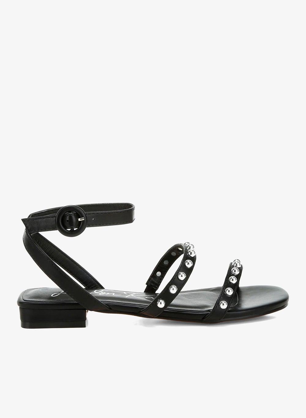 SH4819 Black Studded Ankle Strap Flat Sandals - Image 1