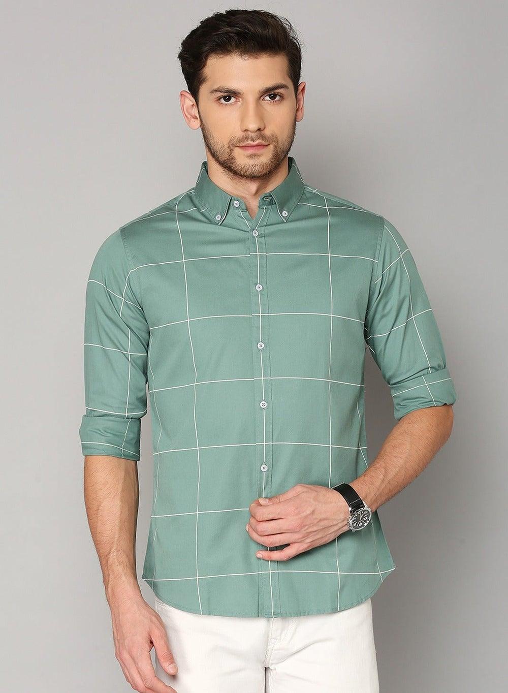 Green Check Slim Fit Cotton Shirt for Men - Image 1