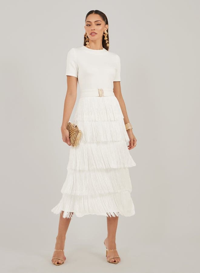 Styli Textured White Fringe Hem Midi Dress 7012180436 - Image 1