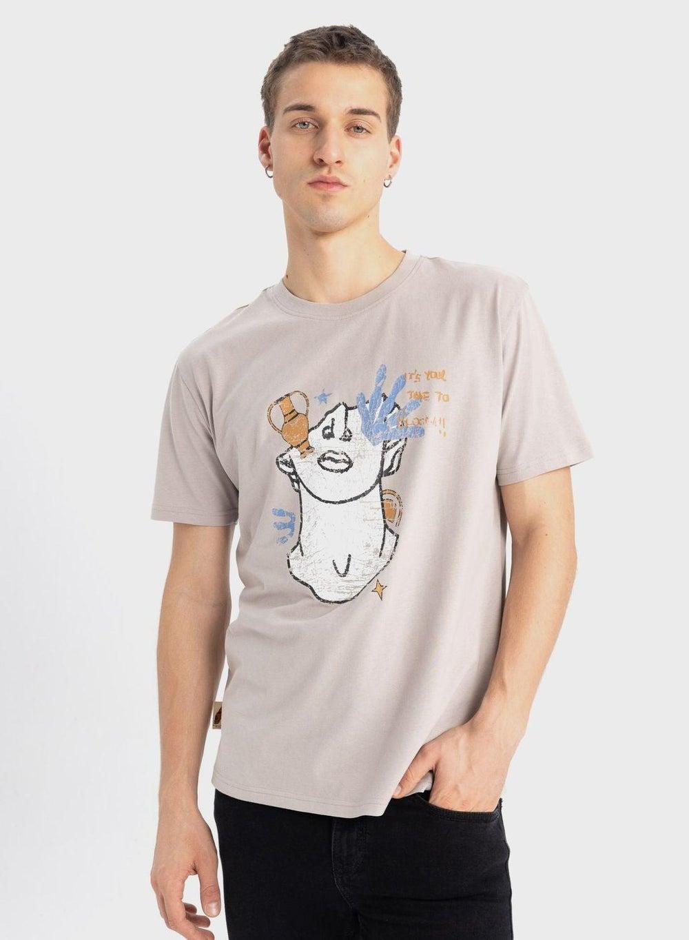 Grey Graphic Crew Neck T-Shirt B4318Ax Regular Fit - Image 1