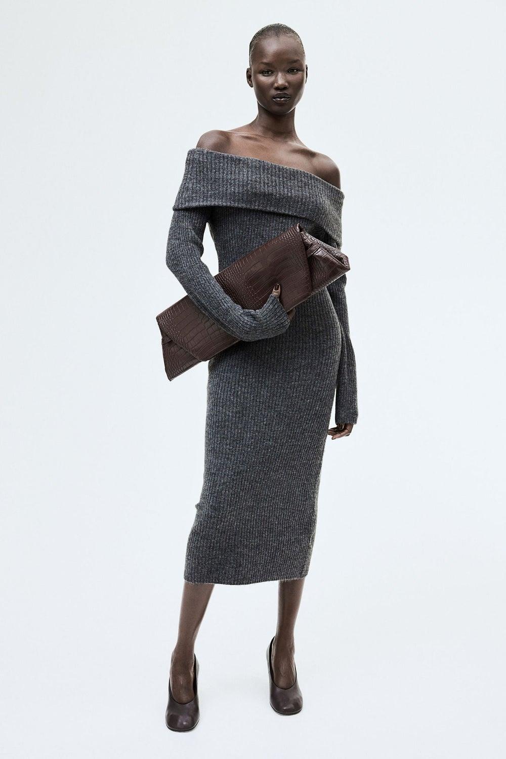 Charcoal Rib-Knit Off-Shoulder Midi Bodycon Dress - Image 1