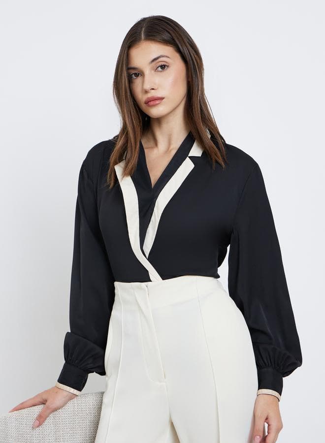 Styli Black Balloon Sleeve Wrap Top V-Neck - Image 1