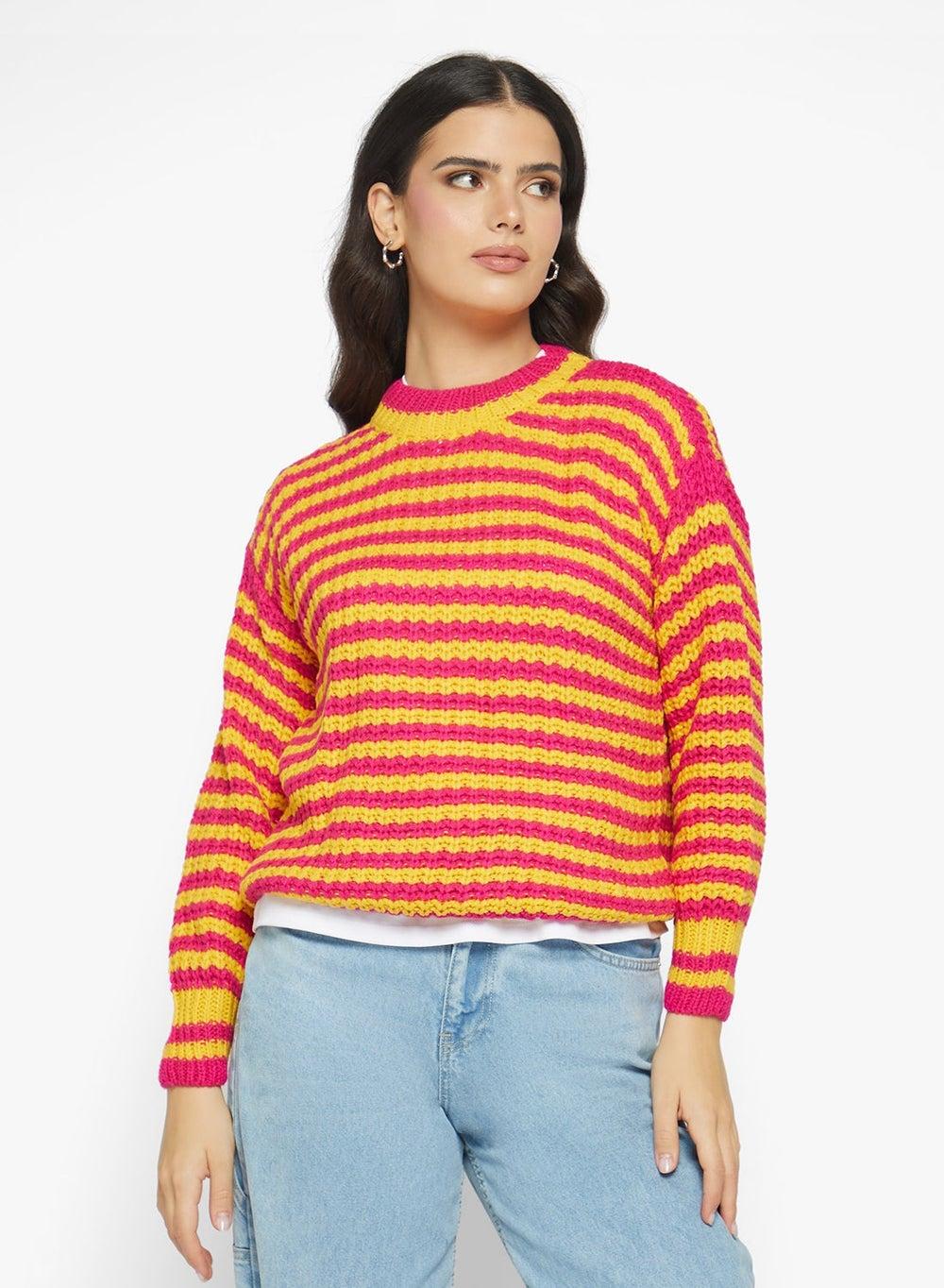 Y250520114 Pink Multi Stripe Oversized Crew Sweater - Image 1