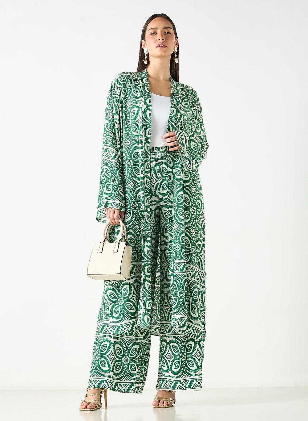Printed Longline Kimono & Wide Leg Pants Co-Ord Set - Image 1