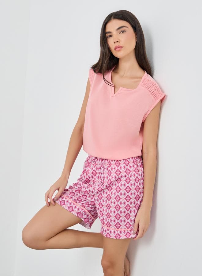 Pink Ruched Shoulder Notch Neck Pyjama Short Set - Image 1
