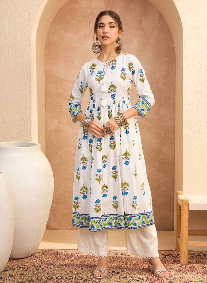 White Floral Dori Kurta in Soft Cotton Elegance - Image 1