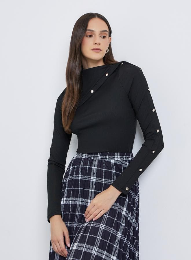 Styli Black Asymmetrical Buttoned Long Sleeve Blouse - Image 1