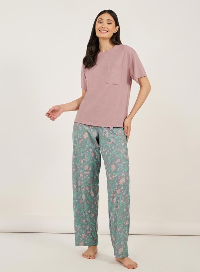 Floral Print Pyjama Set with Drop Shoulder Tee 7010529920 - Image 1